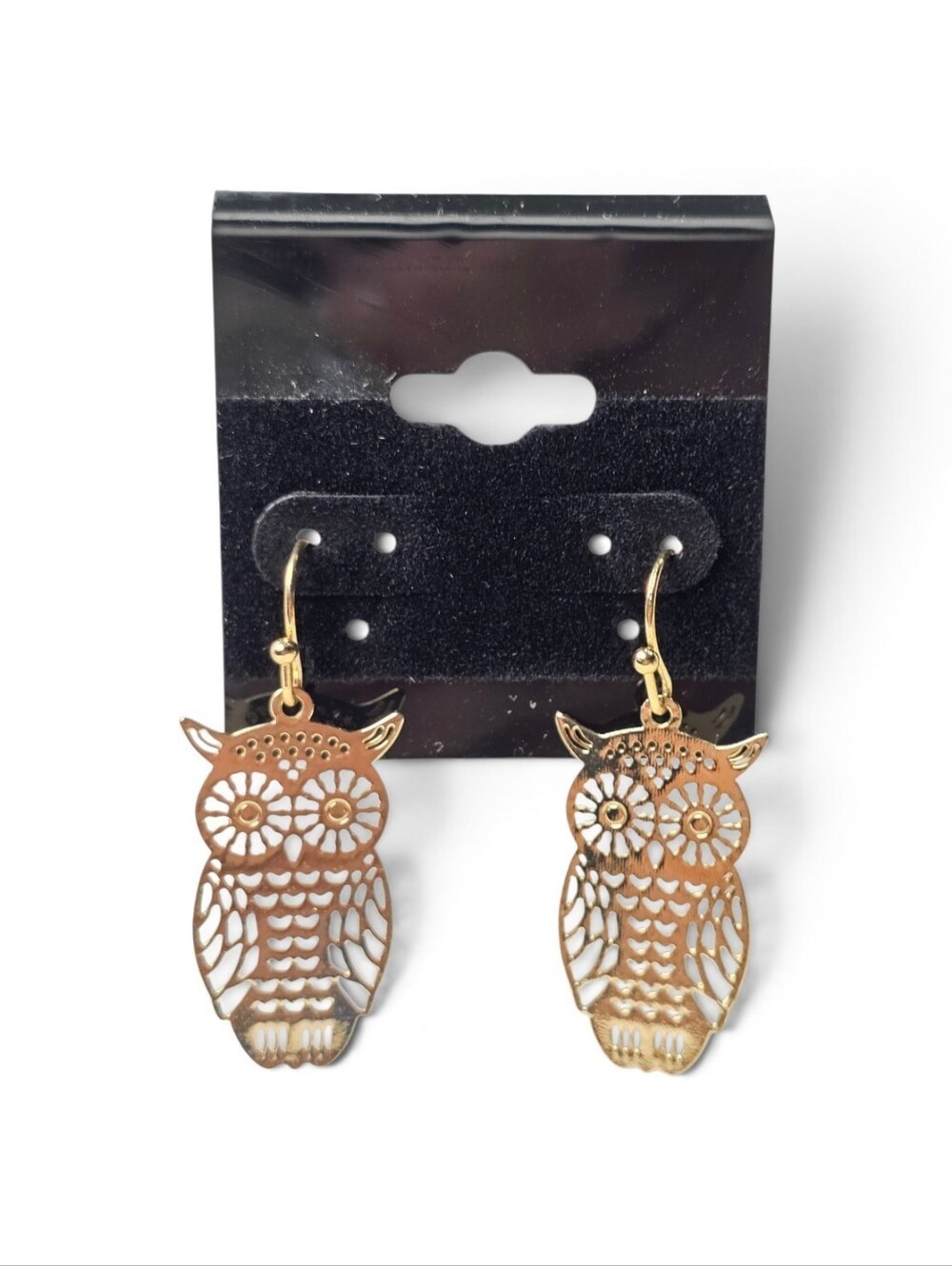 Gold Toned Filagree Owl Dangle Earrings - Women's Jewelry